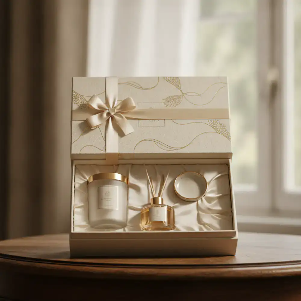 A beautifully packaged SteadyResults Aroma gift box featuring a candle and diffuser set