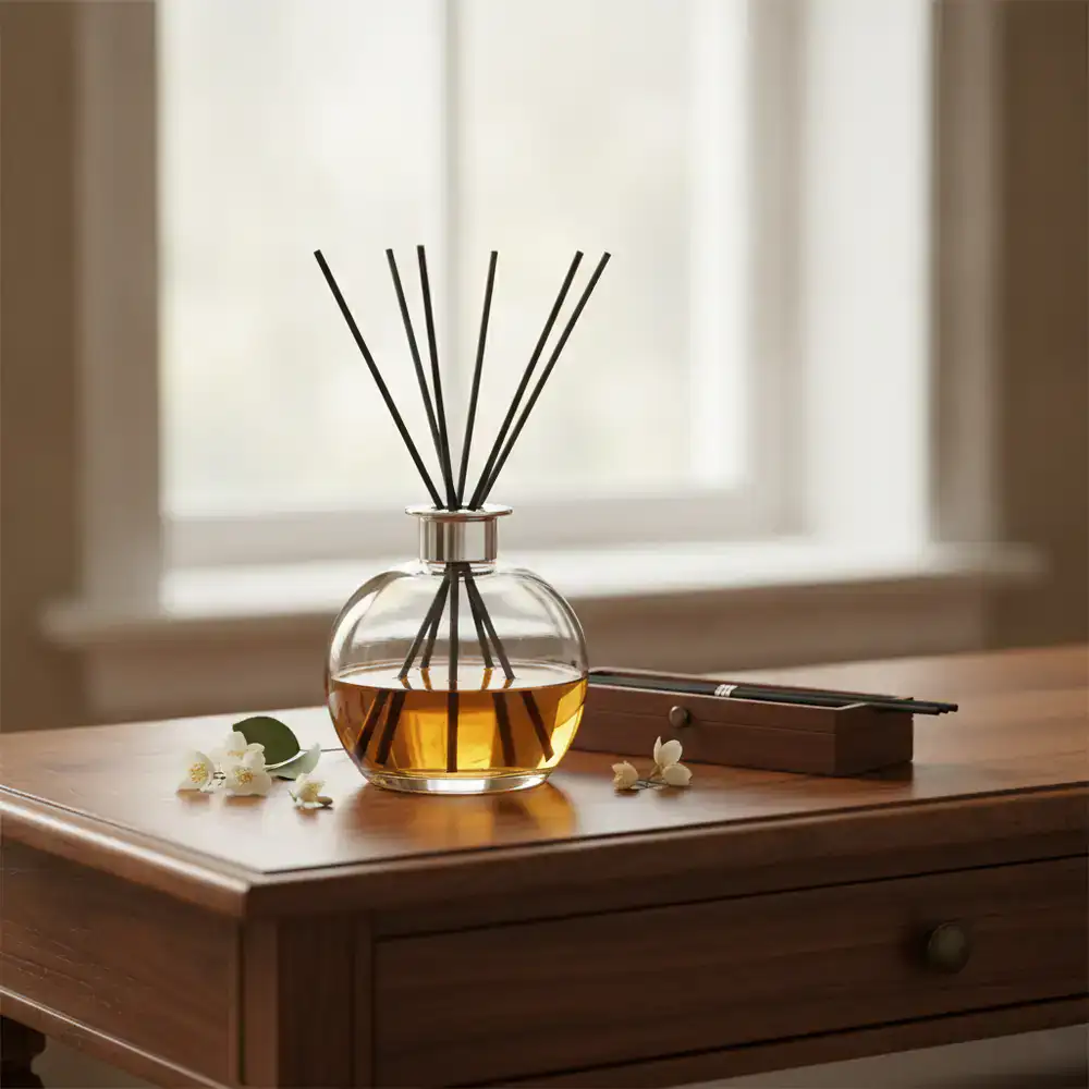Elegant reed diffuser with premium essential oils on a wooden console