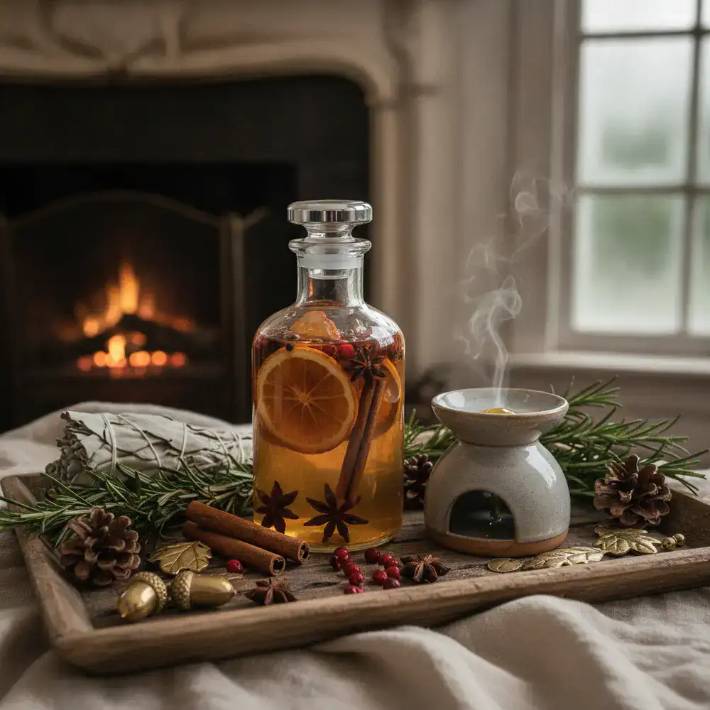Seasonal home fragrance blend arranged with decorative elements