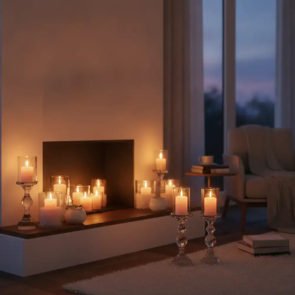 Elegant home setup with lit decorative candles casting a warm glow