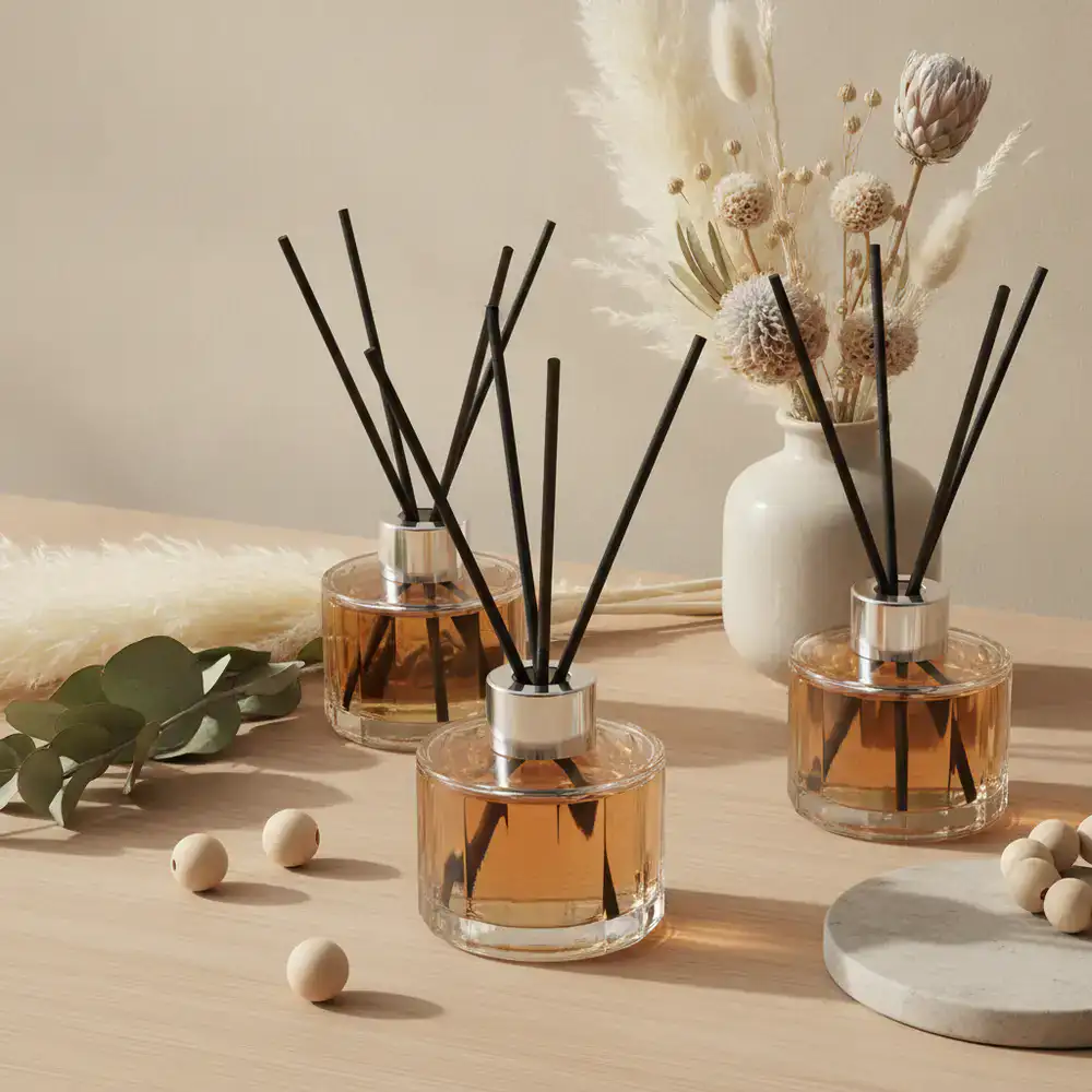 Close-up of premium reed diffusers and dried botanicals on a studio desk
