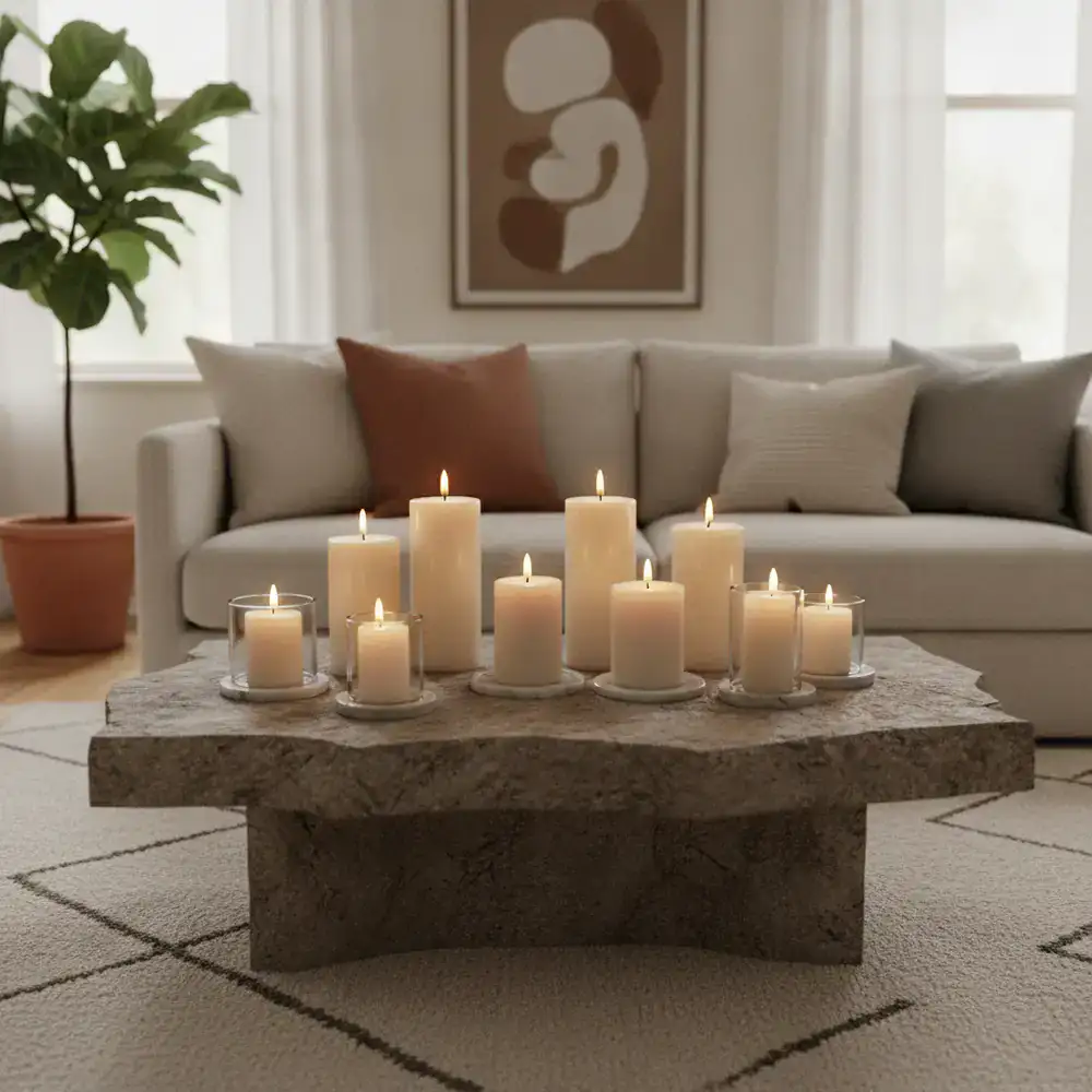A beautifully styled living room featuring glowing decorative candles on a textured stone table