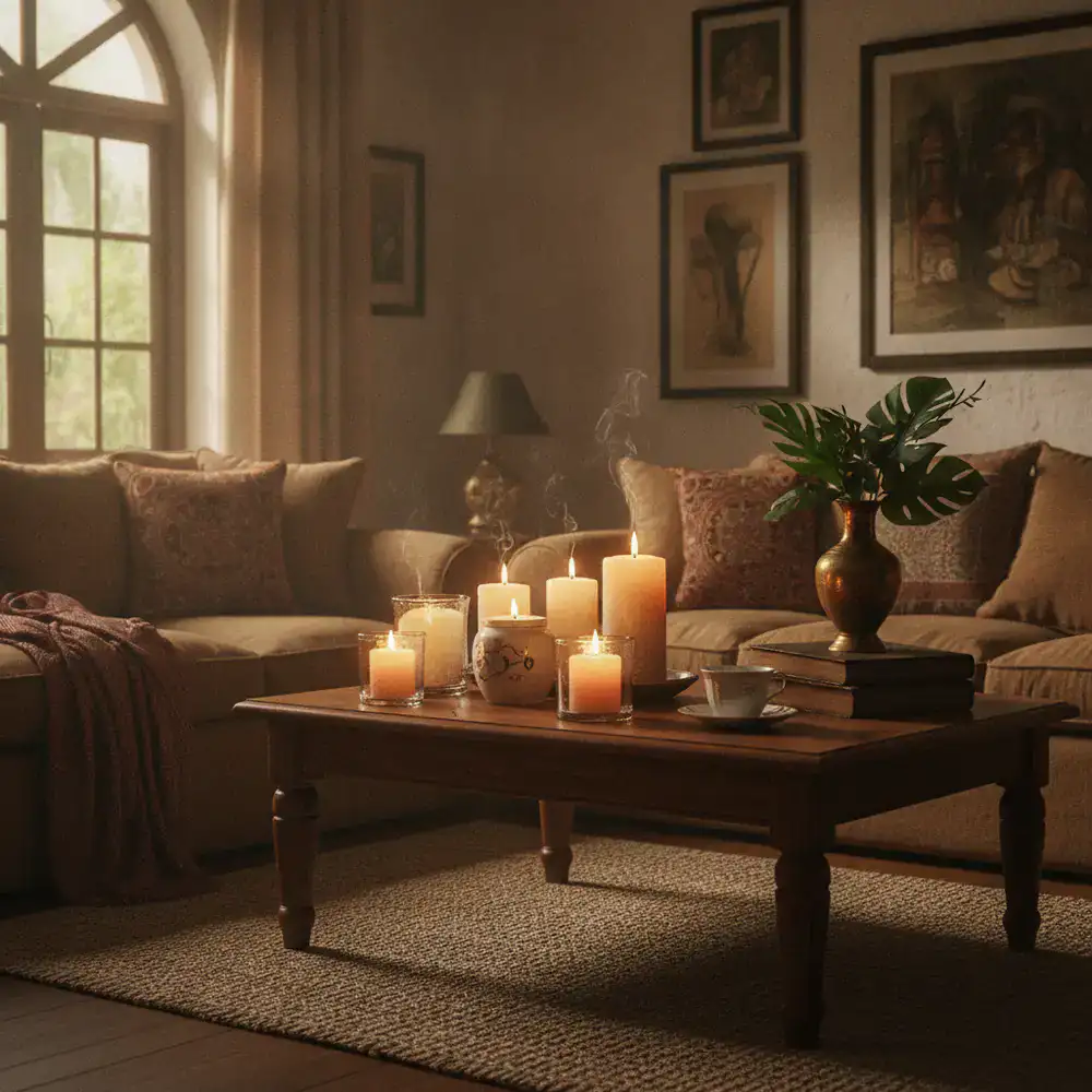 Cozy living room in Dhaka illuminated by elegant scented candles on a coffee table