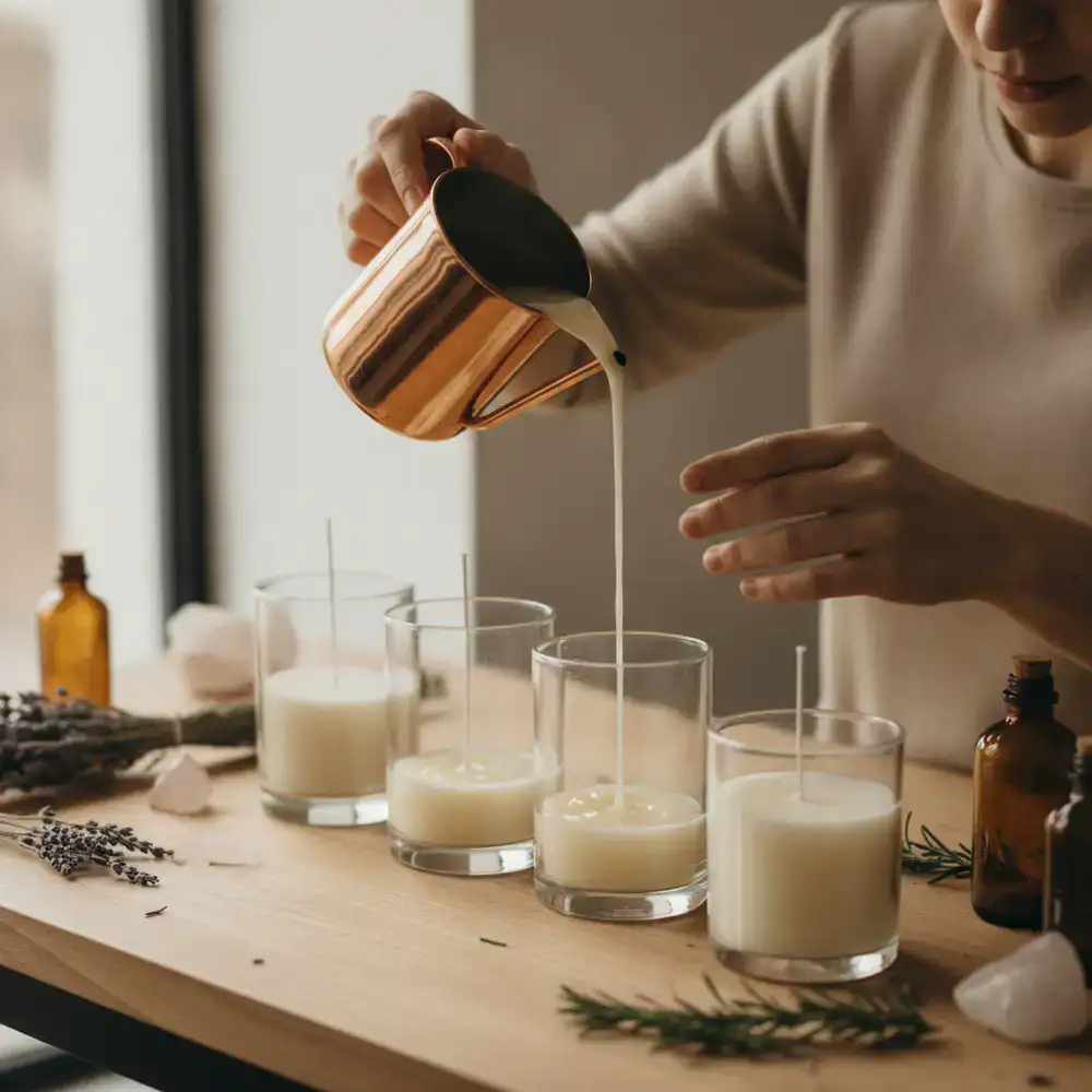 Artisan carefully hand-pouring premium wax into elegant candle jars