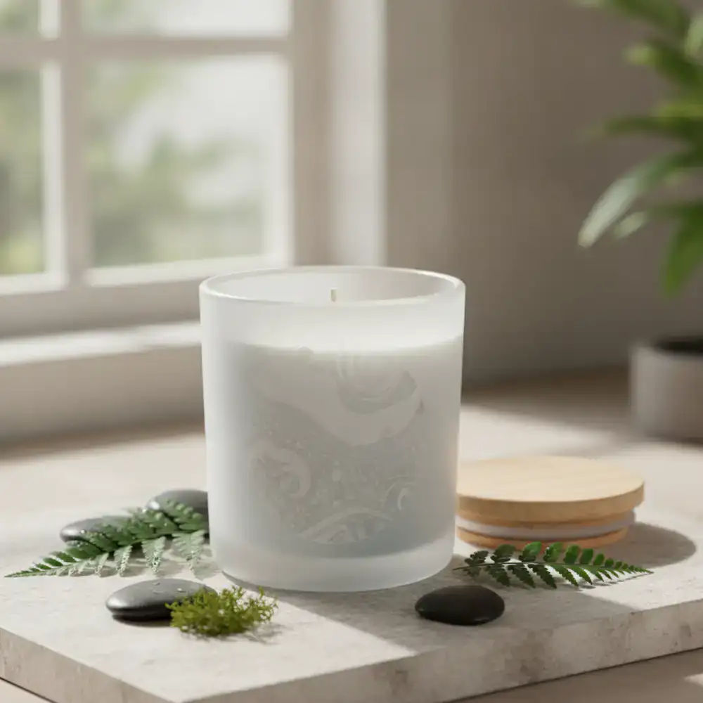 Monsoon Petrichor scented candle in a frosted white jar
