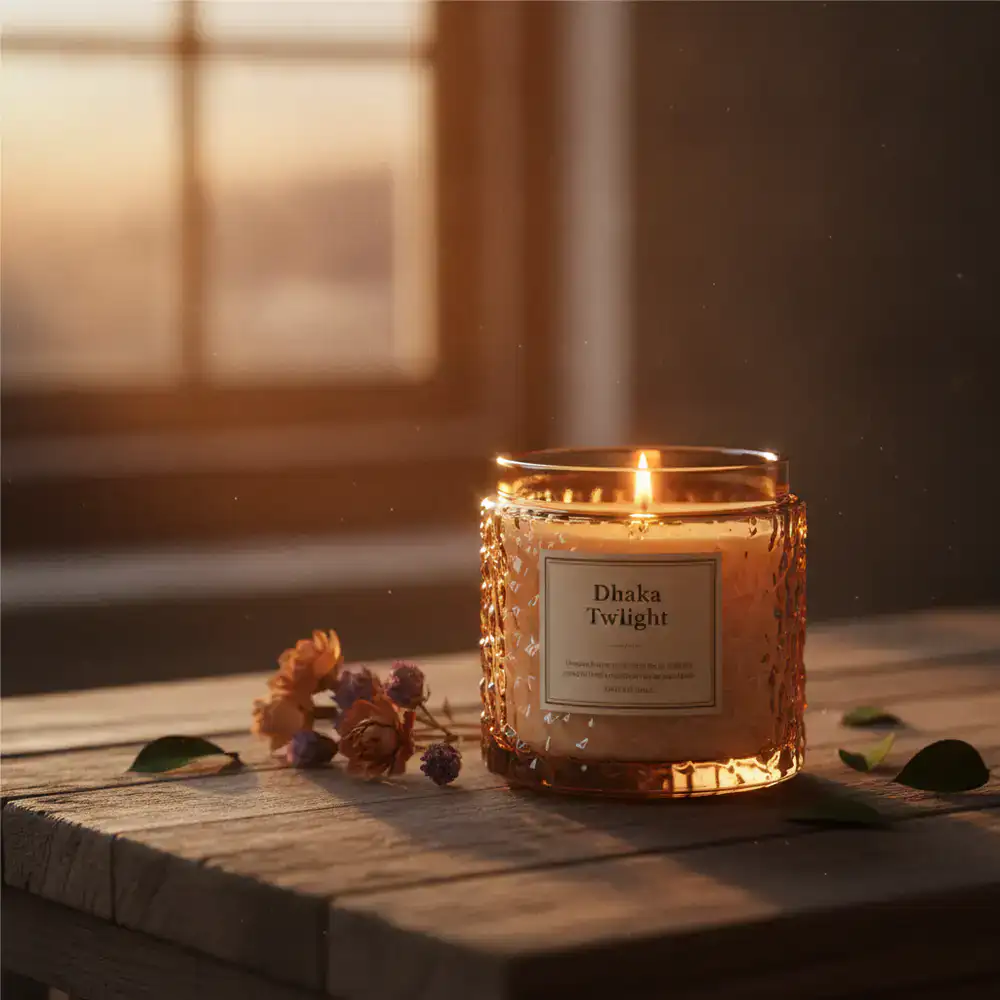 Dhaka Twilight scented candle in an amber glass jar
