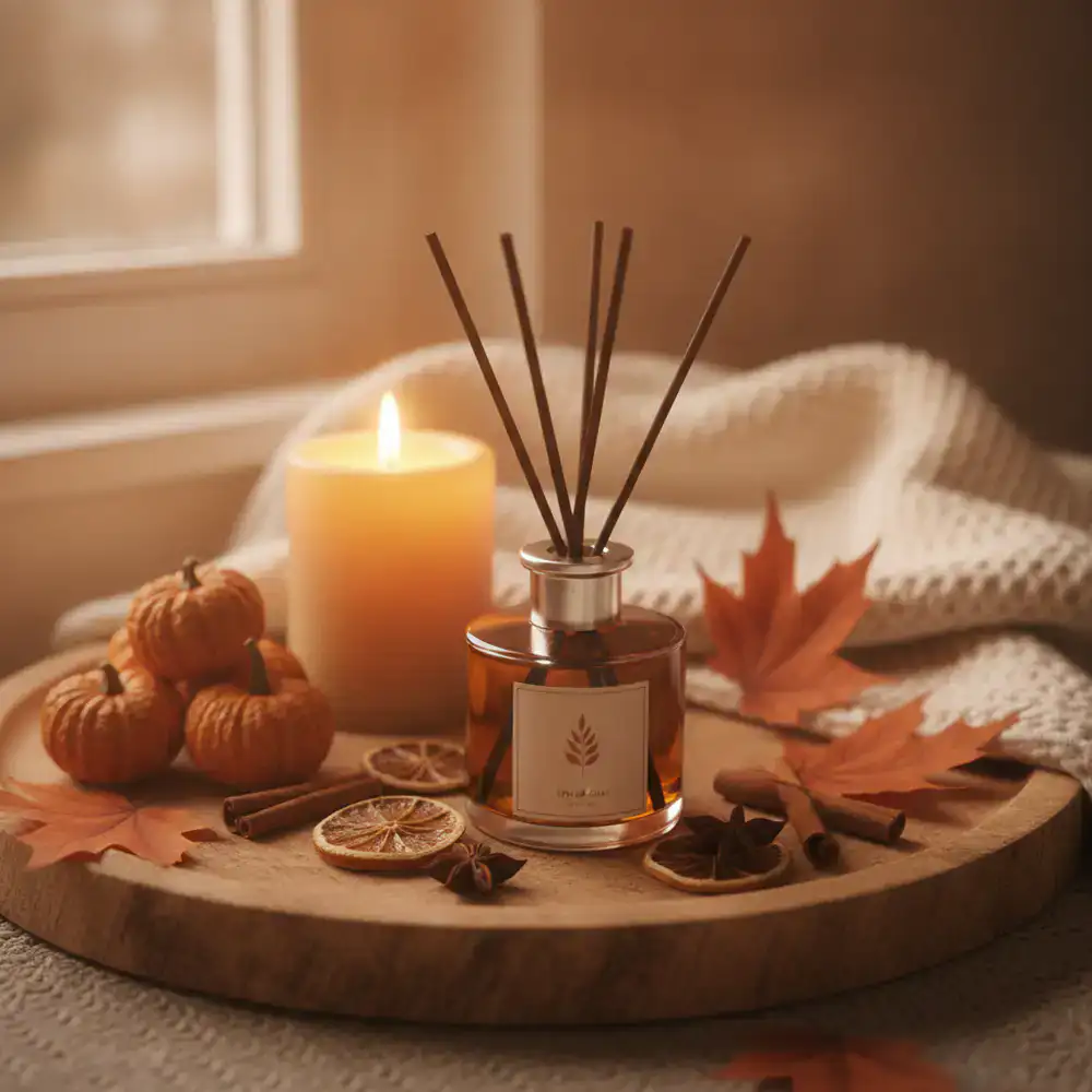 Spiced Chai reed diffuser surrounded by warm autumn decor