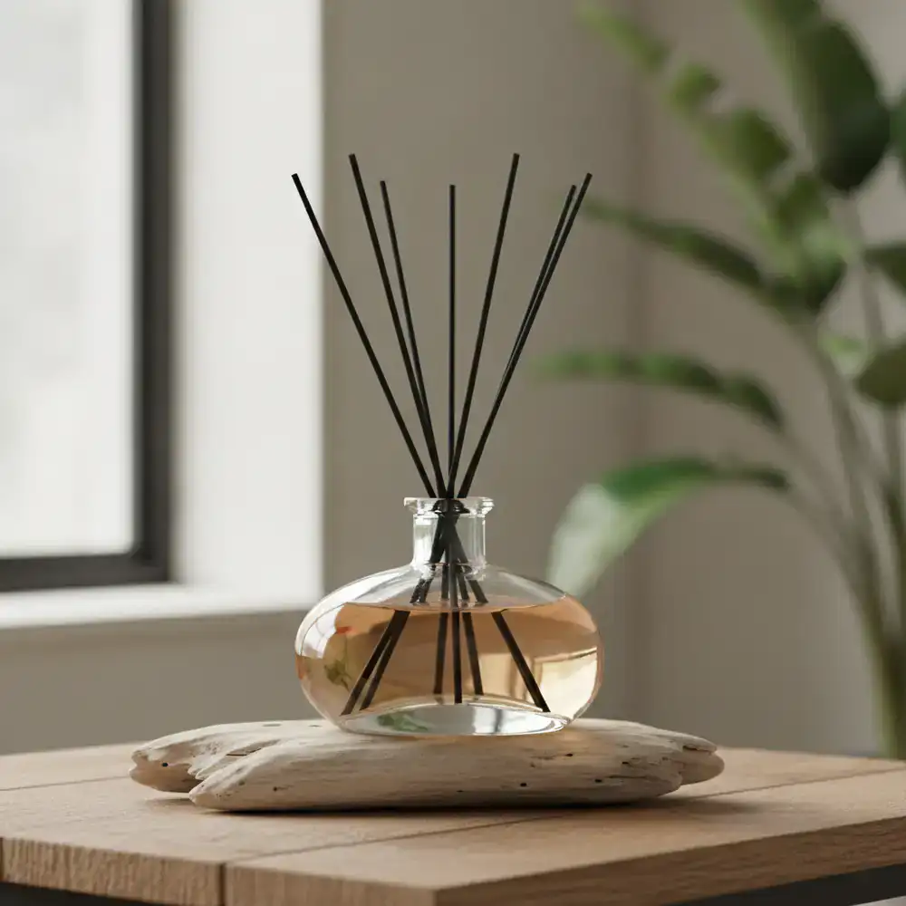 Cox's Driftwood reed diffuser with black rattan reeds