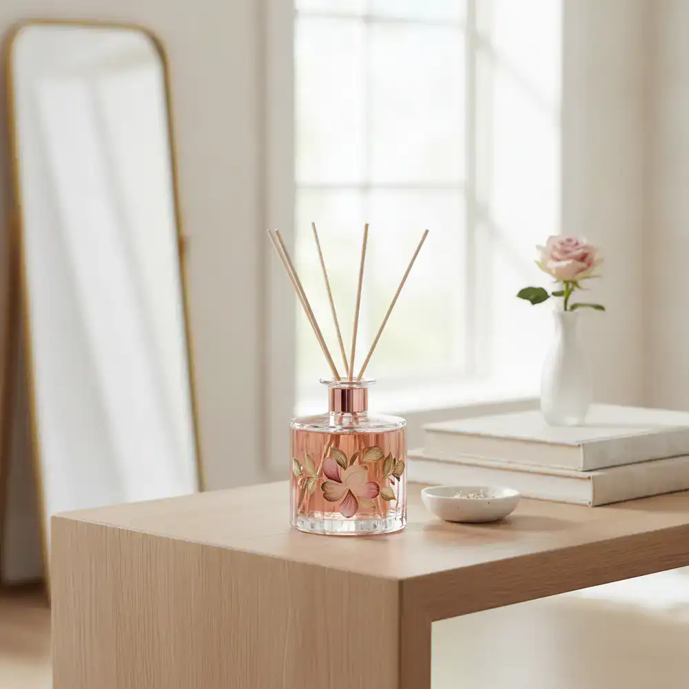 Bengal Rosewater reed diffuser on a modern entryway table