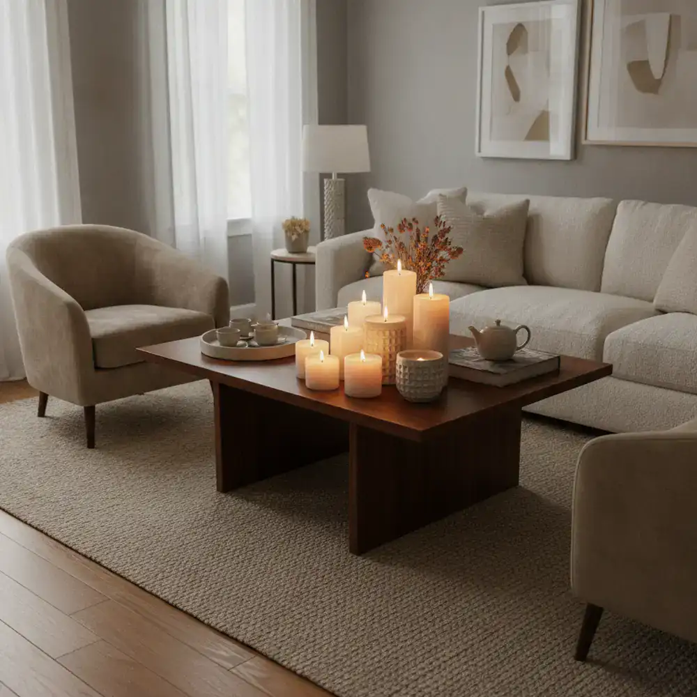 A beautifully arranged interior with lit scented candles on a coffee table